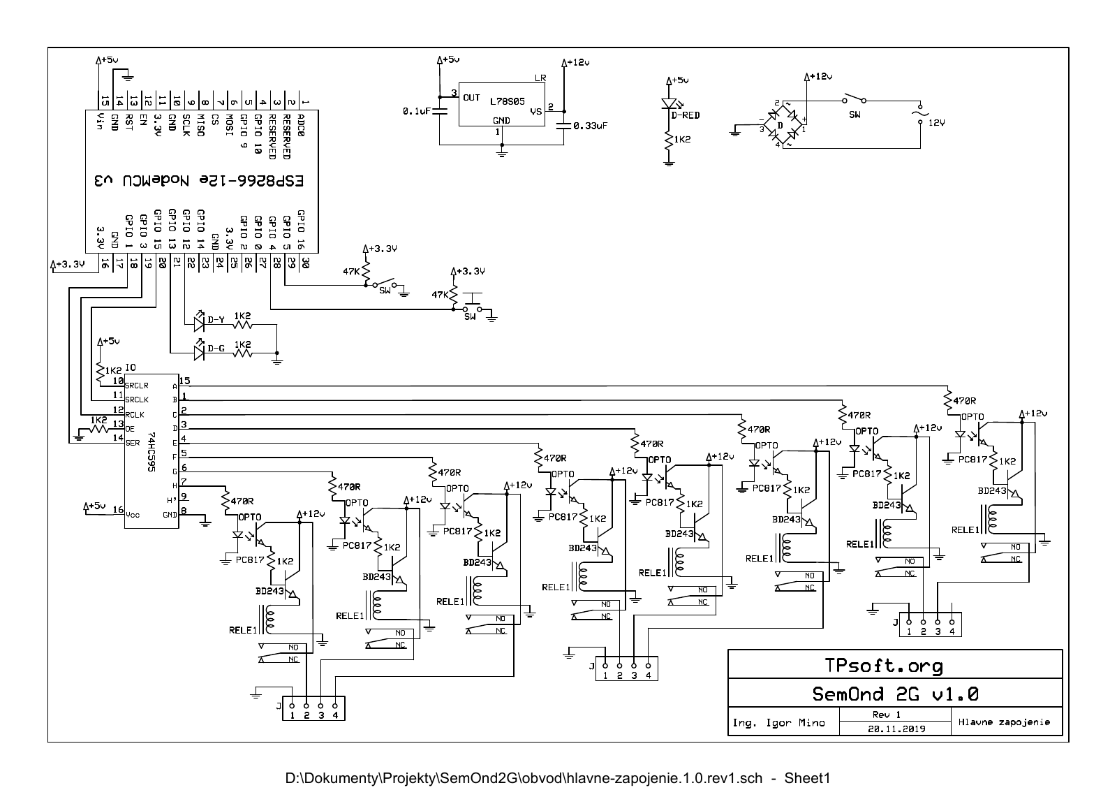 Schéma riadiacej jednotky SemOnd2G s ESP8266 NodeMCU a ôsmimi reléovými výstupmi